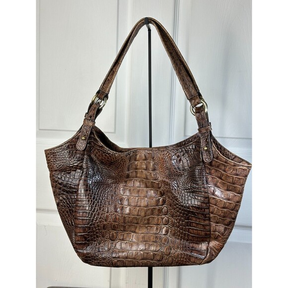 Brahmin Jacqueline Satchel Pecan Croc Embossed Leather Handbag Suede Lined - Picture 8 of 10